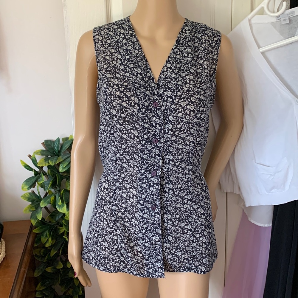 Vtg 80s sleeveless button down drawstring waist vest tunic top S